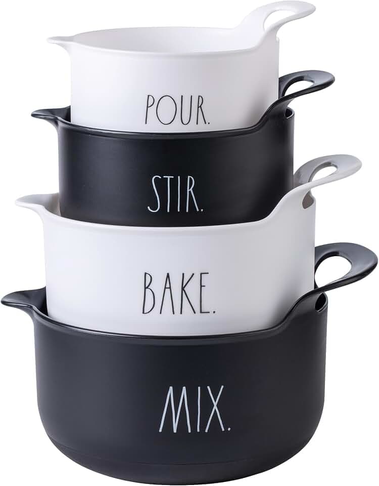 Rae Dunn Non-Slip Mixing Bowls - 4 Piece Nesting Plastic Mixing Bowl Set with Pour Spouts and Handles-Measurement Markings (Black)