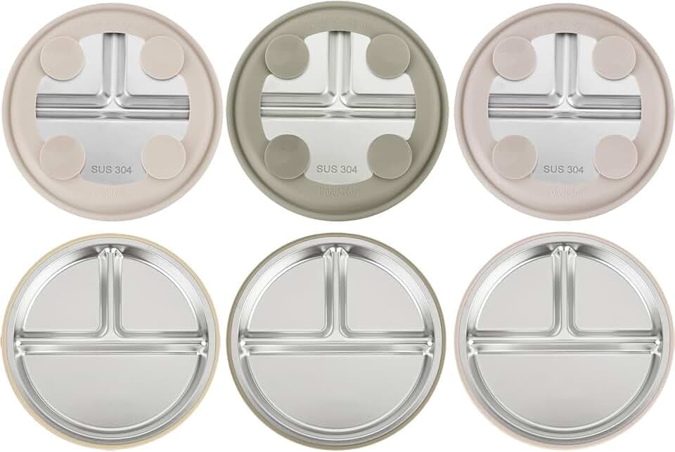PandaEar 3 Pack Stainless Steel Baby Suction Plates, Divided Toddler Plate for Baby Led Weaning Supplies, Non-Slip Toddler Baby Feeding Set Dishwasher Safe (Linen/Brown/Tan)