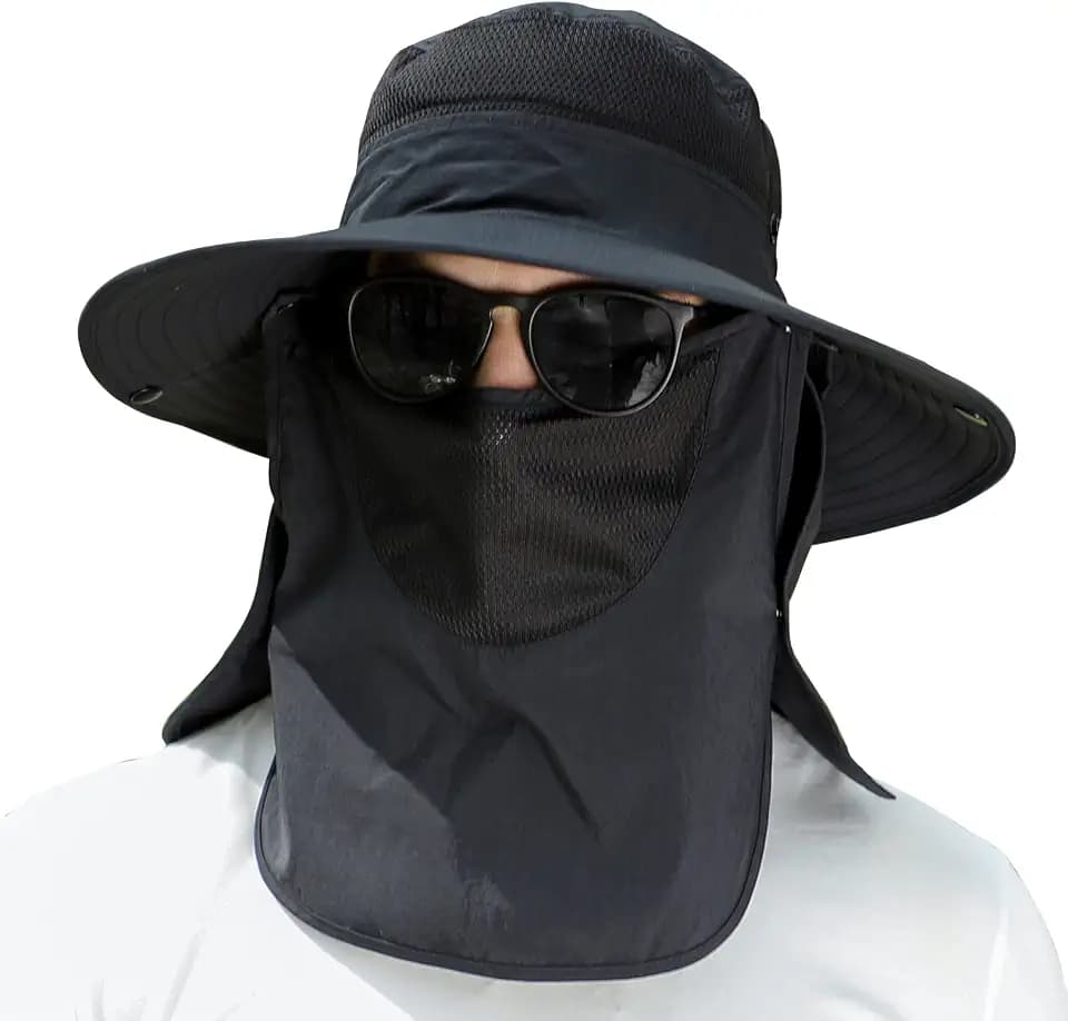UPF 50+ Sun Fishing Hat for Men Women Wide Brim Hat with Detachable Face Cover & Neck Flap