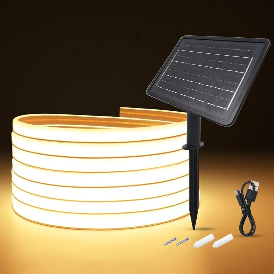 24V COB Solar LED Streifen, IP65 Wasserdichte 320 LEDs/m Doppelseitiges Licht Solar LED Band mit 7200mah 8 Modi Solarpanel für Garten, Patio, Geburtstag, Hochzeit, Außendekoration.10M, warm weiß