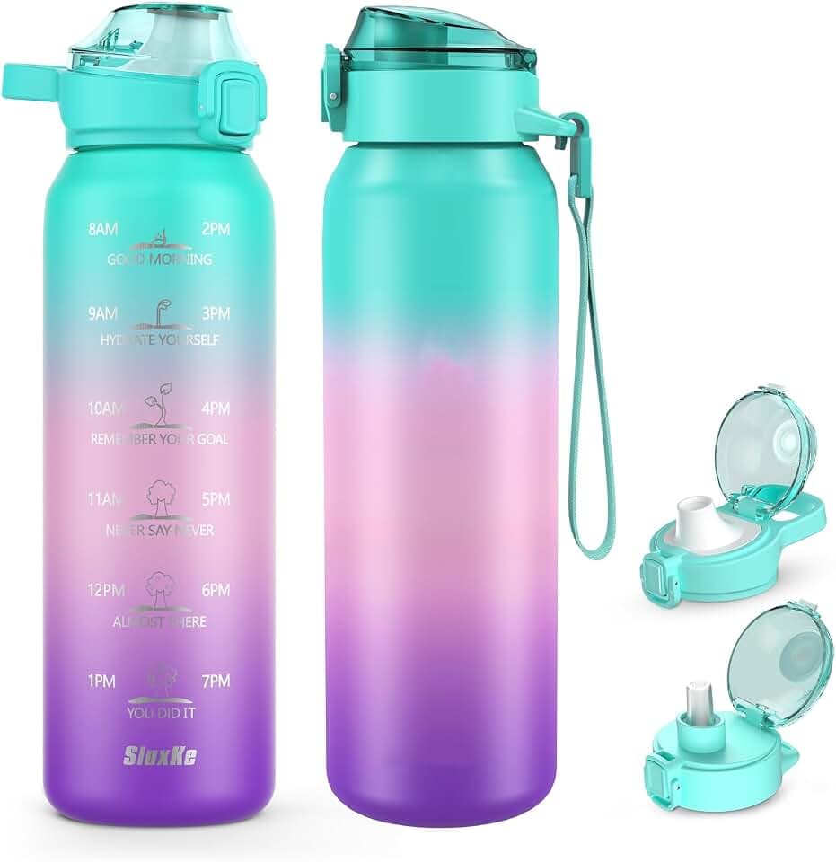SLUXKE 24oz Insulated Water Bottle with Straw and Spout Lids, 700ml 18/10 Stainless Steel Double Wall Vacuum Sports Water Jug, Leakproof Hydro Cup Flask for Men, Women & Kids GREEN PINK PURPLE