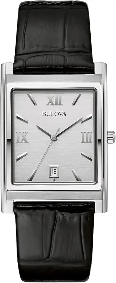 Bulova Men's Stainless Steel 3-Hand Calendar Date Quartz Watch with Black Leather Strap, Rectangle Dial Style: 96B107