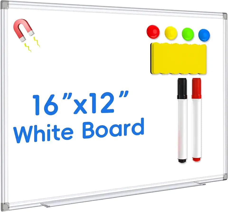Magnetic Whiteboard, Dry Erase Board, 16x12 Inches, Wall Mounted White Board with Pen Tray, Aluminum Frame, Includes 1 Eraser, 2 Markers, 4 Magnets