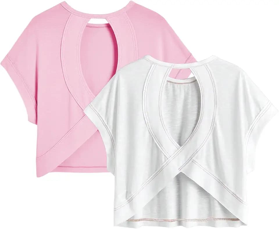 RoseSeek Women's 2 Packs Open Back Tops Crewneck Short Sleeve Backless Tee