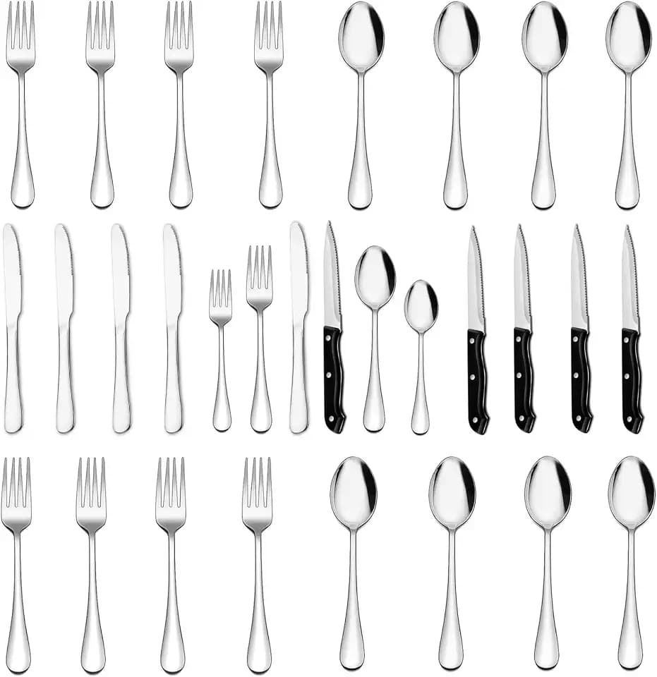 CALIYO Besteck Set, 24-teiliges Besteck Set mit Steakmesser für 4 Personen mit Messer Gabel Löffel, Hochwertiges Edelstahlbesteck, Hochglanzpoliert & Spülmaschinenfest für Haus/Küche/Restaurant