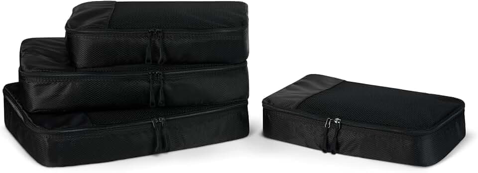 Amazon Essentials 4-teiliges Packwürfel-Reisezubehörset, Gepäckorganizer mit Doppelreißverschluss, Netzoberseite, 100% Polyester, 2 mittelgroße/2 große, schwarz (früher Amazon Basics)