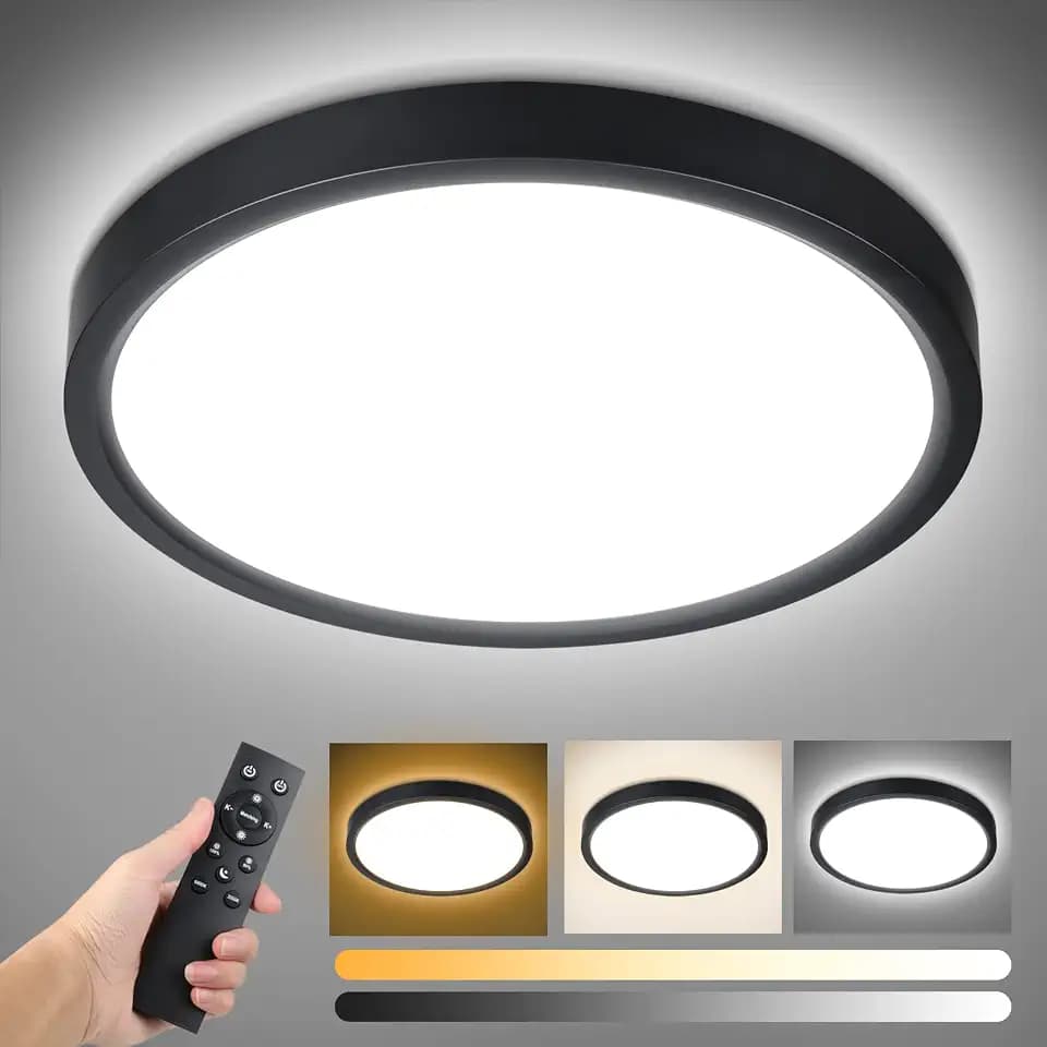 Unicozin Dimmable LED Flush Mount Ceiling Light with Remote Control, Wired 3000K-6000K Color Changing, 12Inch 24W(150W Equiv) 2200LM, Round Flat Ceiling Lamp Black for Bedroom, Living Room, Kitchen
