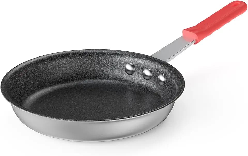 DUMOS 8 Inch Nonstick Frying Pan, Heavy-Gauge Aluminum Skillet, Red Handle