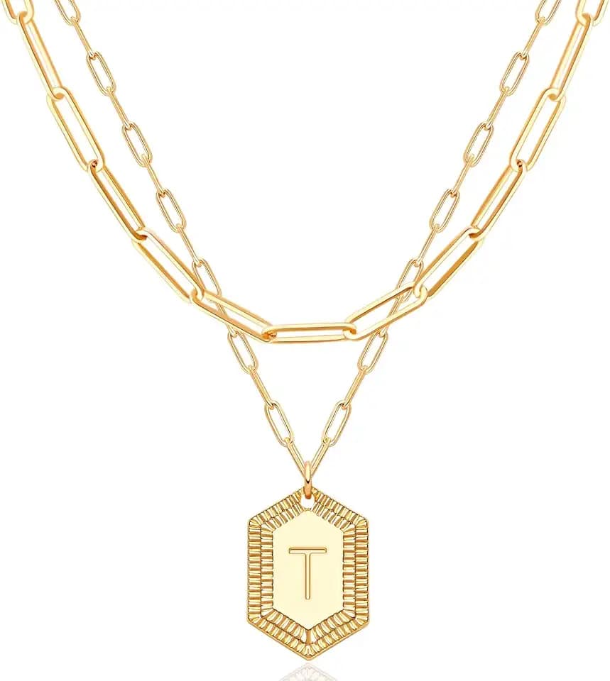 MEVECCO Dainty Gold Initial Necklace for Women 18K Gold Plated Layered Paperclip Link Chain Necklace Personalized Cute Hexagon Letters for Women Everyday Wear Jewelry
