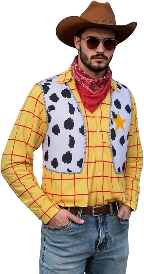 Mens Toy Sheriff Cowboy Costume Halloween Cosplay Woody Shirt and Vest Outfit