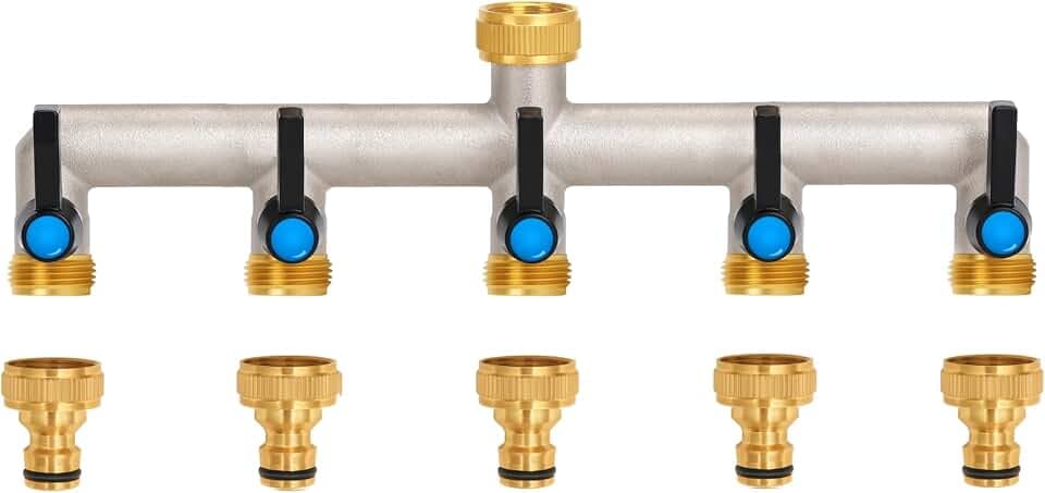 5-Wege Wasserhahn Wasserverteiler, Verlängerter Griff, 3/4 Zoll Messing Wasseranschluss Verteiler mit individuellem Absperrhähnen，5er Verteiler 3/4" Adapter 1/2" für Geräte/Gartenschläuche