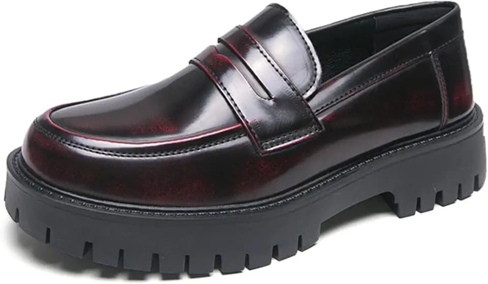 Men's Leather Platform Penny Loafers, Retro Round-Toe Lug Sole Non-Slip Slip-On Dress Shoes, Suitable for Business Work and Parties