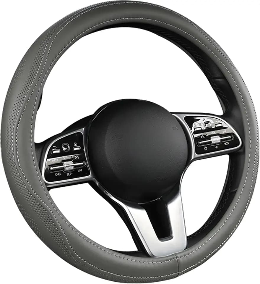 Genuine Leather Steering Wheel Cover, Gray 14.5-15 Inch Cars .SUVs