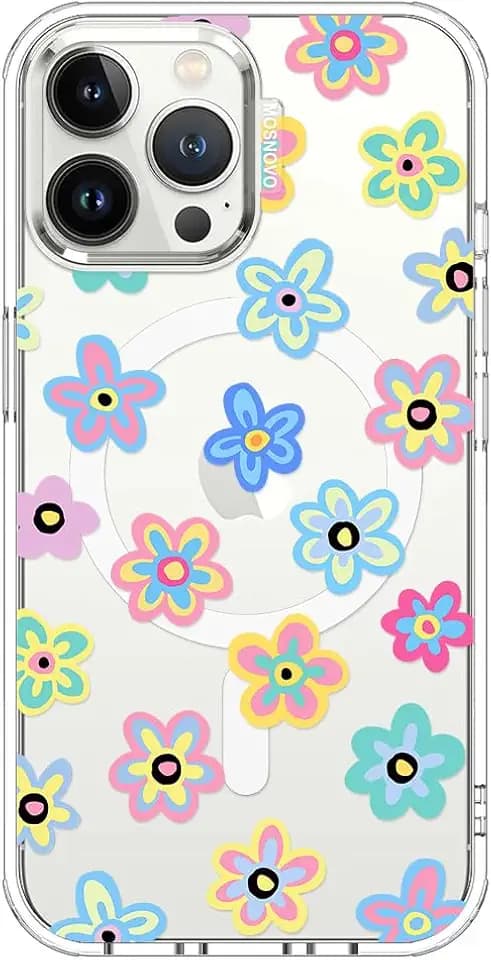 MOSNOVO Case for iPhone 13 Pro Max, [Compatible with Magsafe] [Buffertech 6.6ft Military-Grade Drop Protection] [Anti Peel Off Tech] Clear Phone Case Design - Groovy Flower