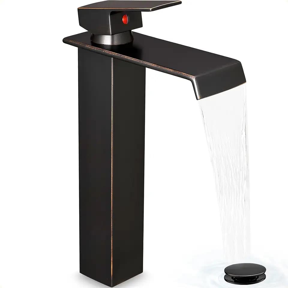 Oil Rubbed Bronze Vessel Sink Faucet 1 Hole, Brass Waterfall Tall Bathroom Faucet Single Handle with Pop Up Drain and Supply Hoses for Vanity Restroom Modern