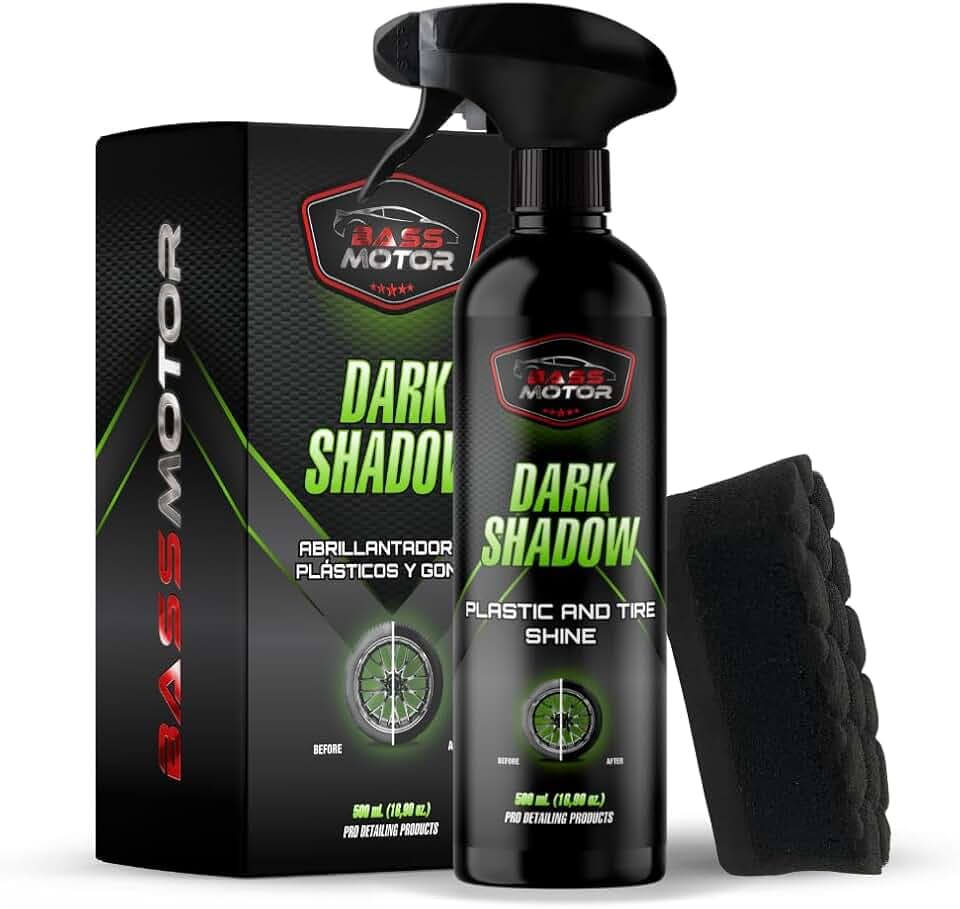 BassMotor Kunststoff- und Reifenpolitur für Auto, Motorrad, altes Gummi. Bringt Glanz zurück, für innen/außen. Dark Shadow 500ml + Premium Schwamm.