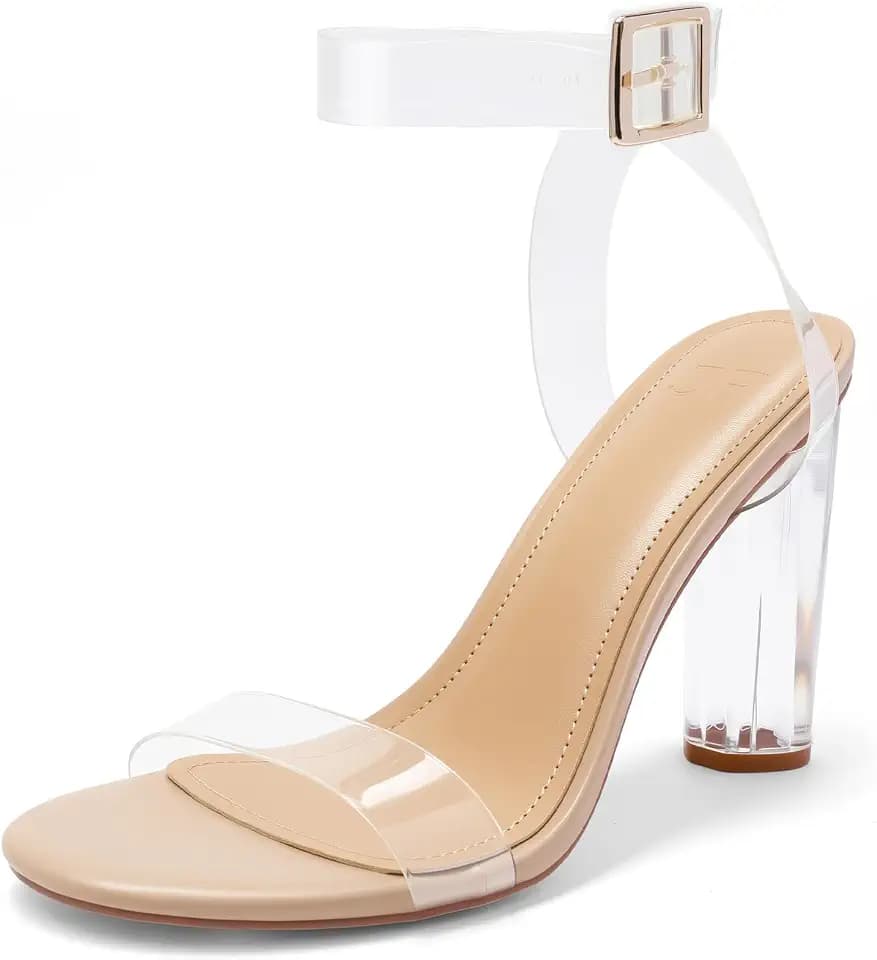 JustFab Clear Heels for Women 4 Inches Chunky Heels Sandals for Women Comfy Open Toe Block Heeled Sandals Ankle Strappy Heels for 2026