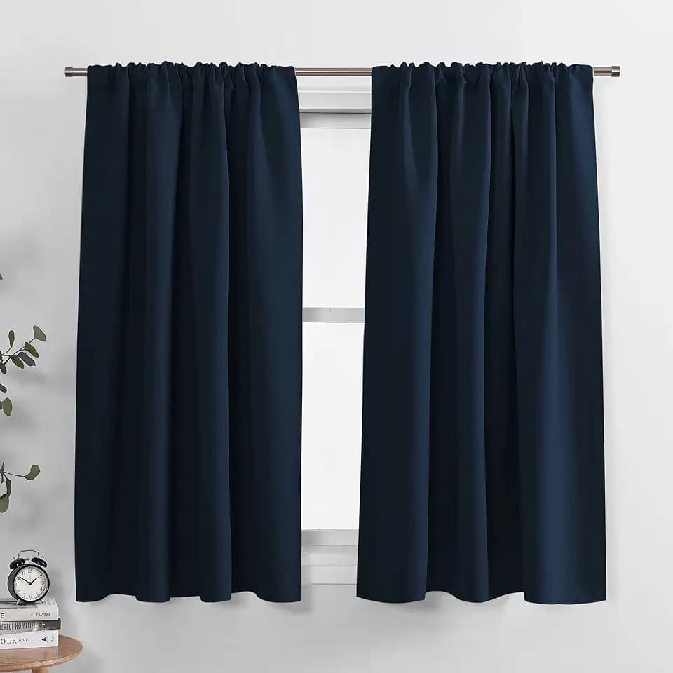 PONY DANCE Navy Blue Living Room Blackout Curtains 63 inch Length, Rod Pocket Thermal Insulated Black Out Window Drapes for Boy's Bedroom (2 Panels, W42 x L63 -Inch)