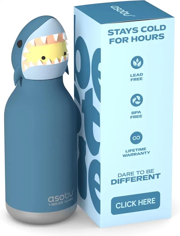 asobu Bestie Shark Water Bottle, Cute Collectible Character, BPA Free