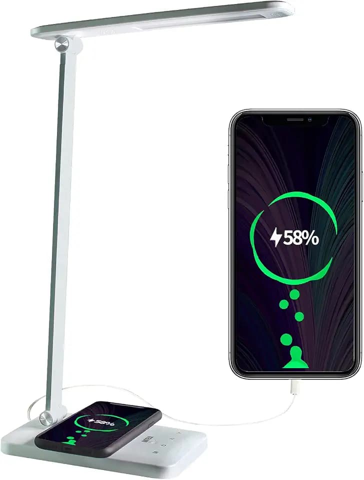 ANTELA Schreibtischlampe LED 7W Dimmable 5 Helligkeitsstufen & 3 Farben Nachttischlampe Wireless Charger Tischleuchte, USB-Anschluss, Augenschutz für Arbeit, für Arbeit, Lesen, Weiß