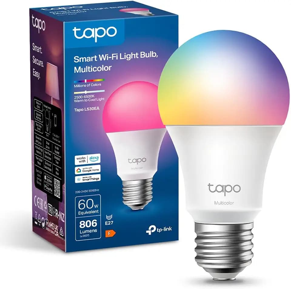 Tapo Smart Glühbirne E27, Kompatibel mit Alexa, Mehrfarbige dimmbare Funktion, 806 Lumen, Zeitpläne und Automatisierungen, Abwesenheitsmodus