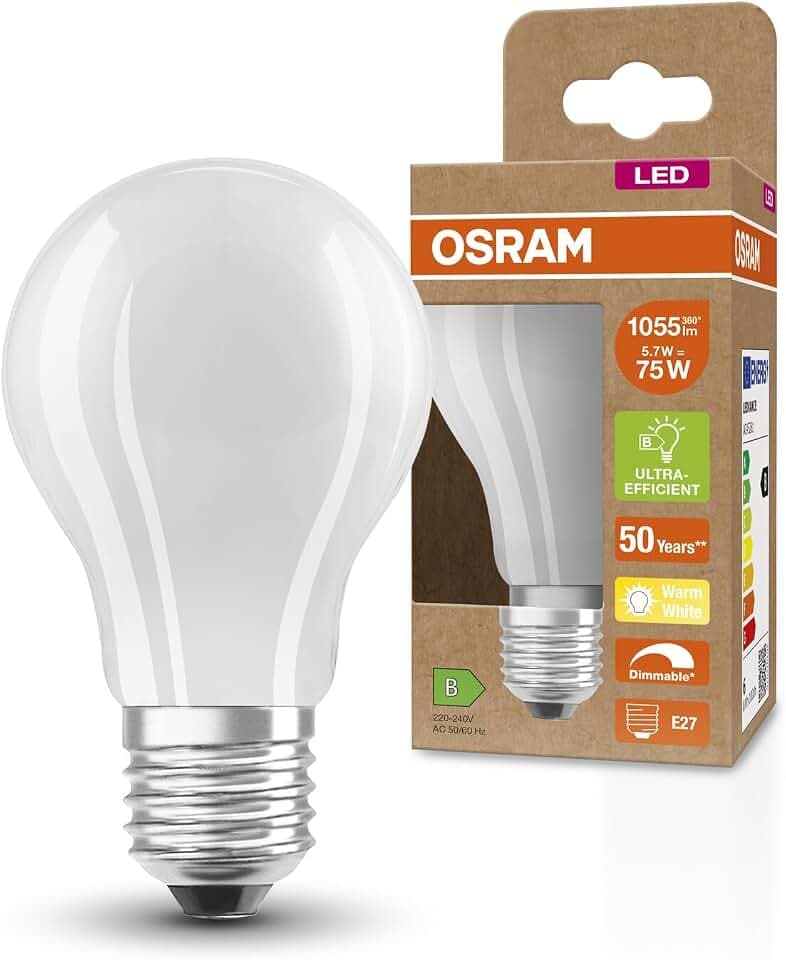 Osram SUPERSTAR+ CLASSIC A GLFR 75 LED-Lampe, E27, Kolbenform, 5,7W, 1055lm, 2700K, warmweißes Licht, dimmbar, LED-Filament-Technologie, sehr geringer Energieverbrauch, Energieeffizienzklasse B