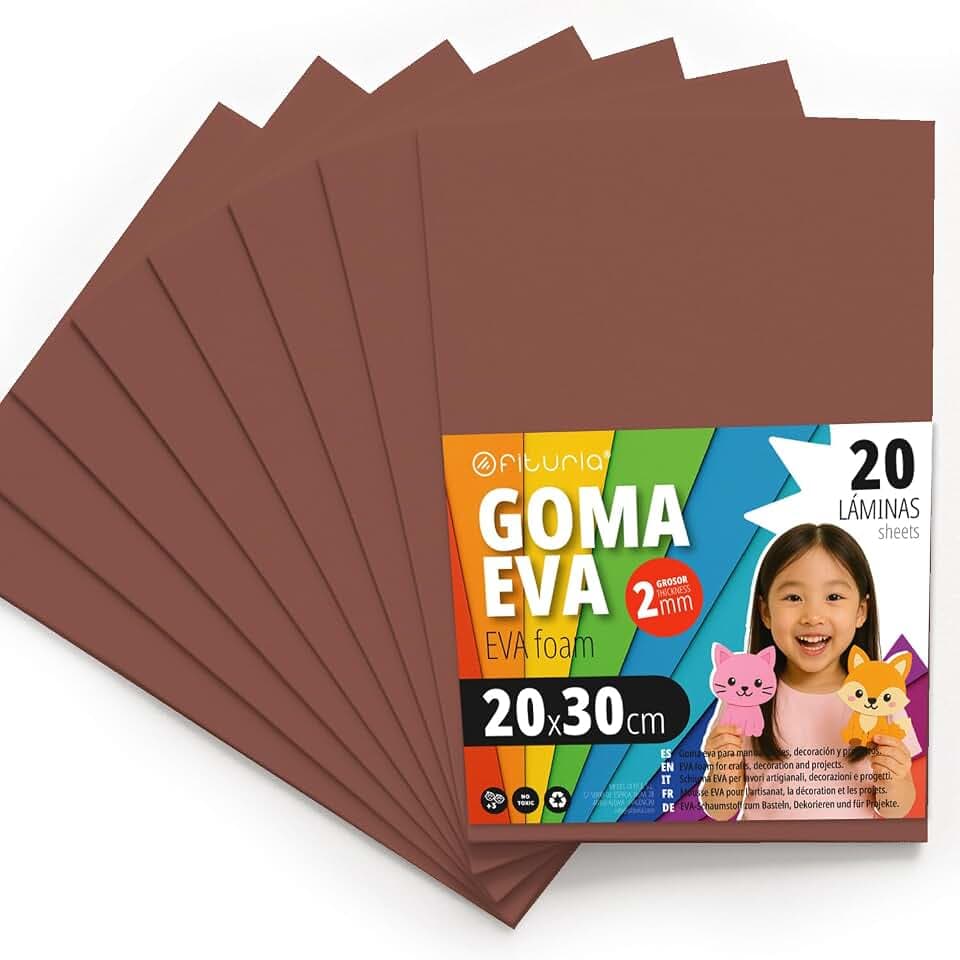 OFITURIA Moosgummi für Bastelarbeiten und Schulprojekte, Farbiges Schaumstoff ideal für DIY, Dekoration, Scrapbooking und kreative Projekte 20x30cm (Braun, 20 Stk)