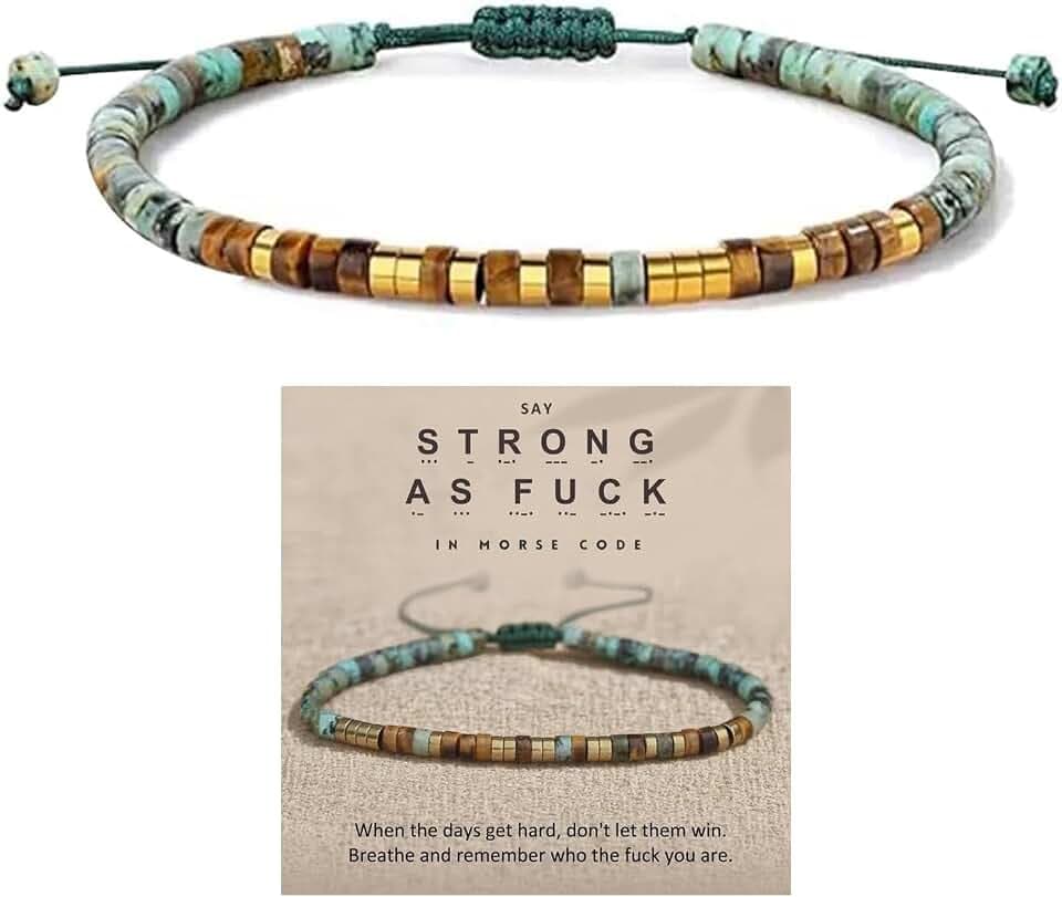 Strong As F' Morse Code Motivational Bracelet with African Turquoise Tiger Eye, Adjustable Natural Gemstone Morse Code Bead Wrap Bracelets Courage Power Stackable Inspirational Healing Bracelets Friendship Jewelry for Women