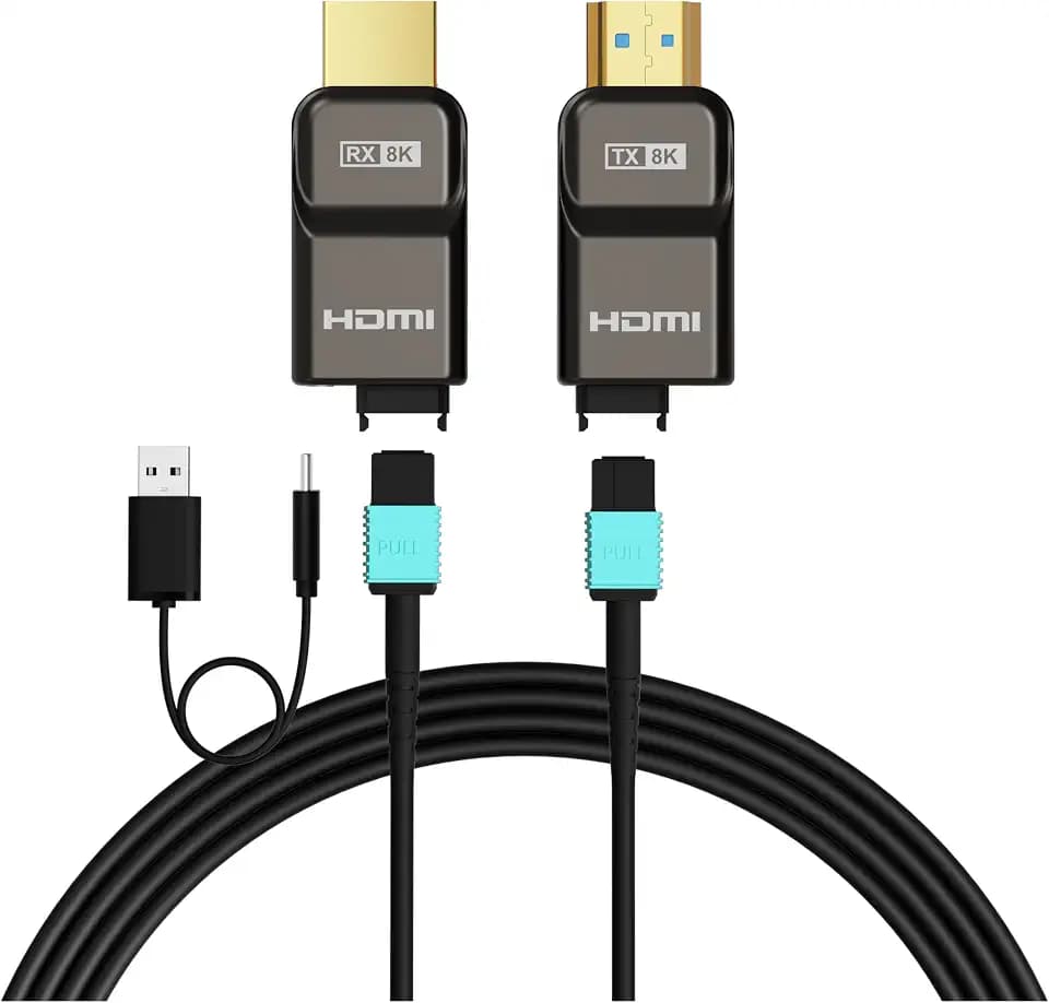 RUIPRO 8K Detachable Full Fiber Optic Armored HDMI 2.1 Cable, 48Gbps, 25FT