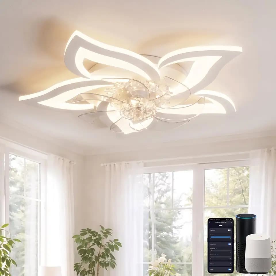 Deckenventilator mit Beleuchtung Kompatibel mit Alexa und Google Assistant, Deckenlampe mit Ventilator Leise, Sommer Winter Betrieb DC Motor, Dimmbar, für Schlafzimmer, Weiß