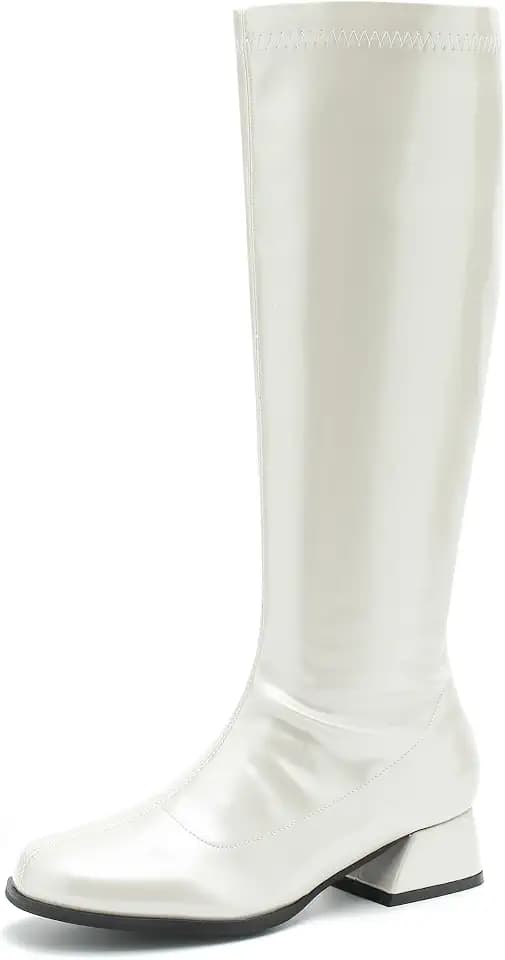 fereshte GOGO Boots for Women, Knee High Boots, Low Block Heel Zipper Boots Ladies Party Dance Shoes