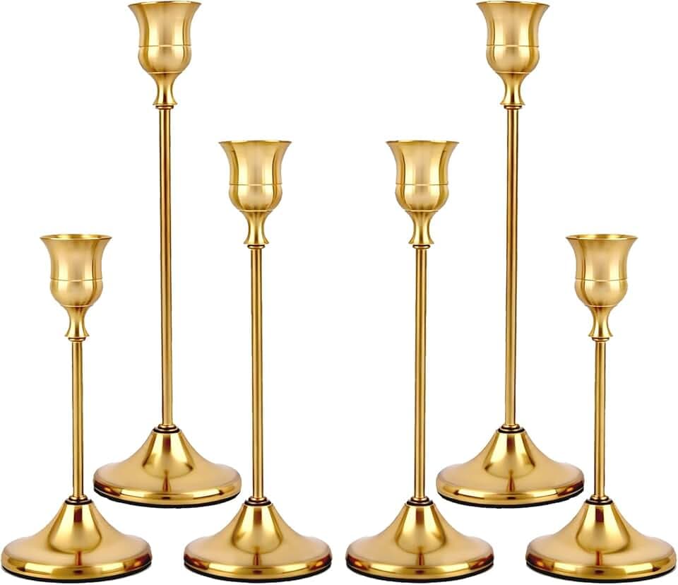 Kerzenständer Gold 6er Set, Vintage Metall Kerzenhalter in DREI Verschiedenen Höhen, Passend für Kerzen mit Ø 2,2cm, Elegante Dekorative Kerzenleuchter für Zuhause & Festanlässe