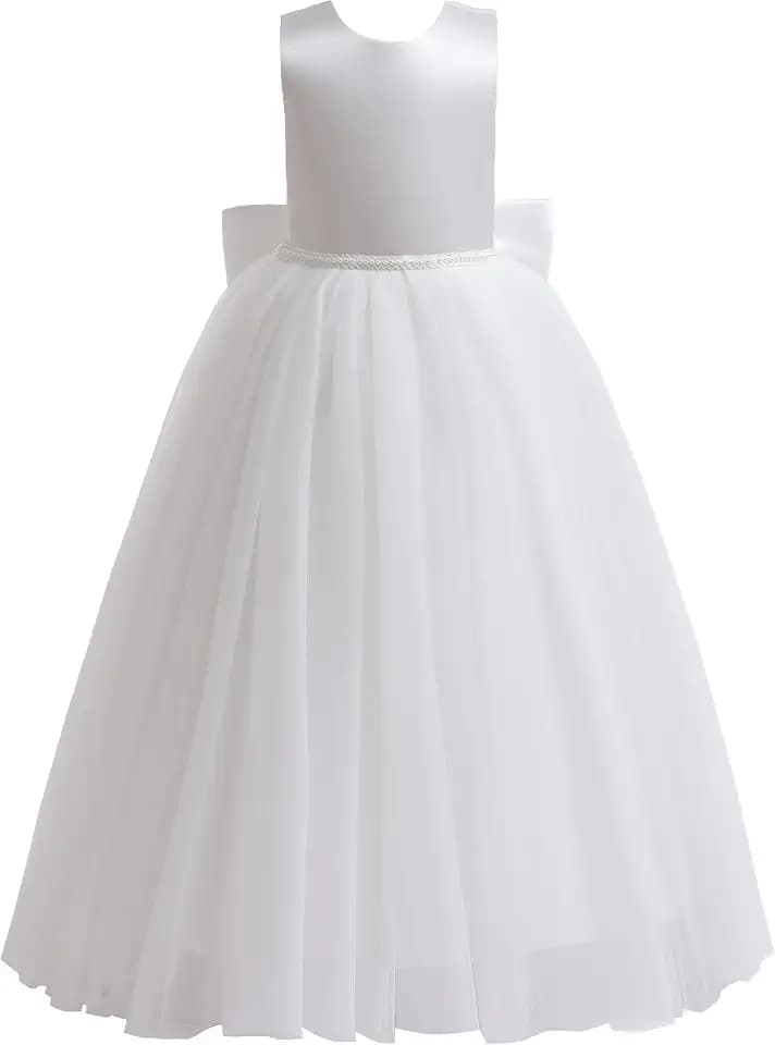 Glamulice Flower Girls Satin Bridesmaid Dress V Open Back Long A Line Wedding Pageant Dresses Princess Party Ball Gown