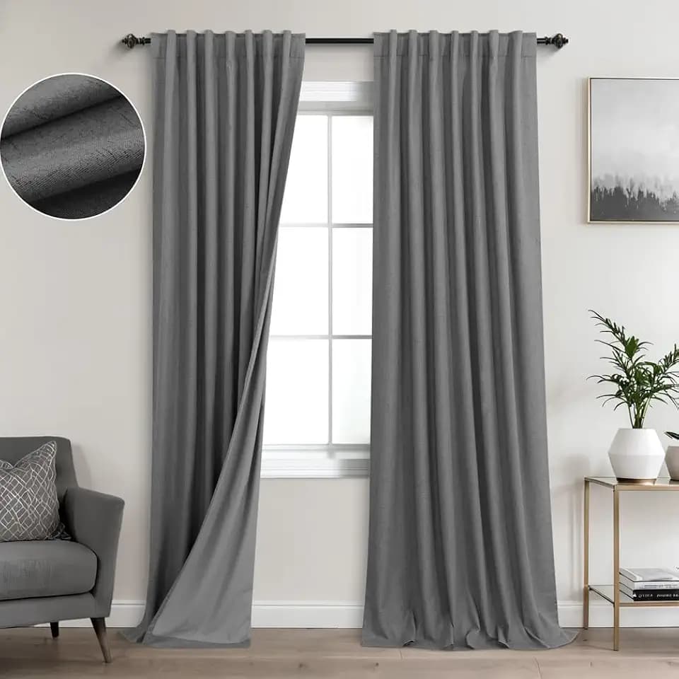 KOUFALL 92 Inches Long Blackout Grey Linen Thermal Heat Blocking Curtains for Bedroom Living Room 2 Panels Set