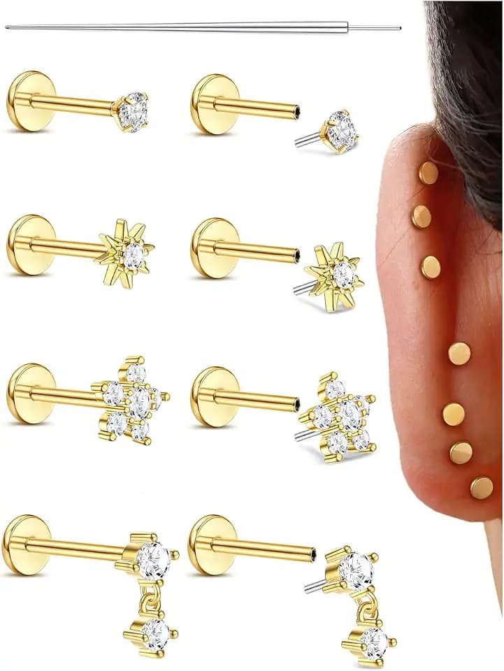 Sanfenly Threadless Flat Back Earrings Studs 316L Surgical Steel Push in Nose Studs Rings CZ Tragus Cartilage Helix Conch Labret Lip Nostril Medusa Piercing Jewelry Hypoallergenic 20G 18G 16G