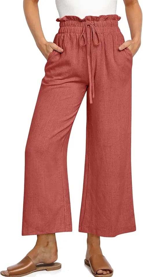UEU Women's Linen Wide Leg Pants Casual Palazzo Trousers Drawstring