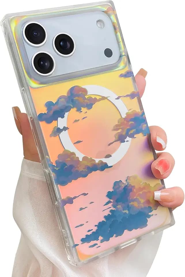 Cute Magnetic Case for iPhone 17 Pro, Iridescent Sun Set Sky