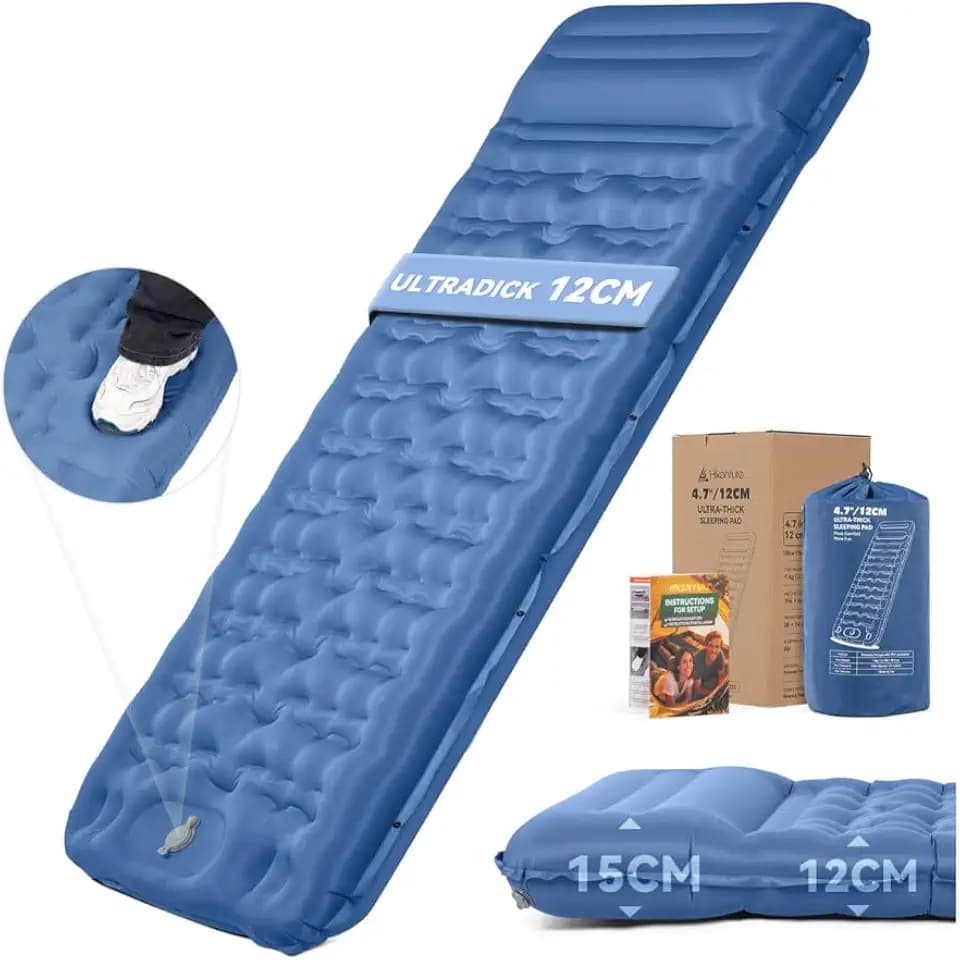 HIKENTURE 12CM Ultradicke Isomatte Camping mit Kissen & Fußpumpe, Blau