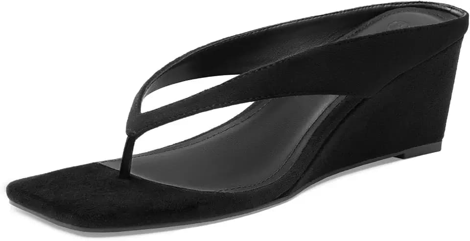Athlefit Women's Thong Wedge Flip Flops Sandals Black Suede 8