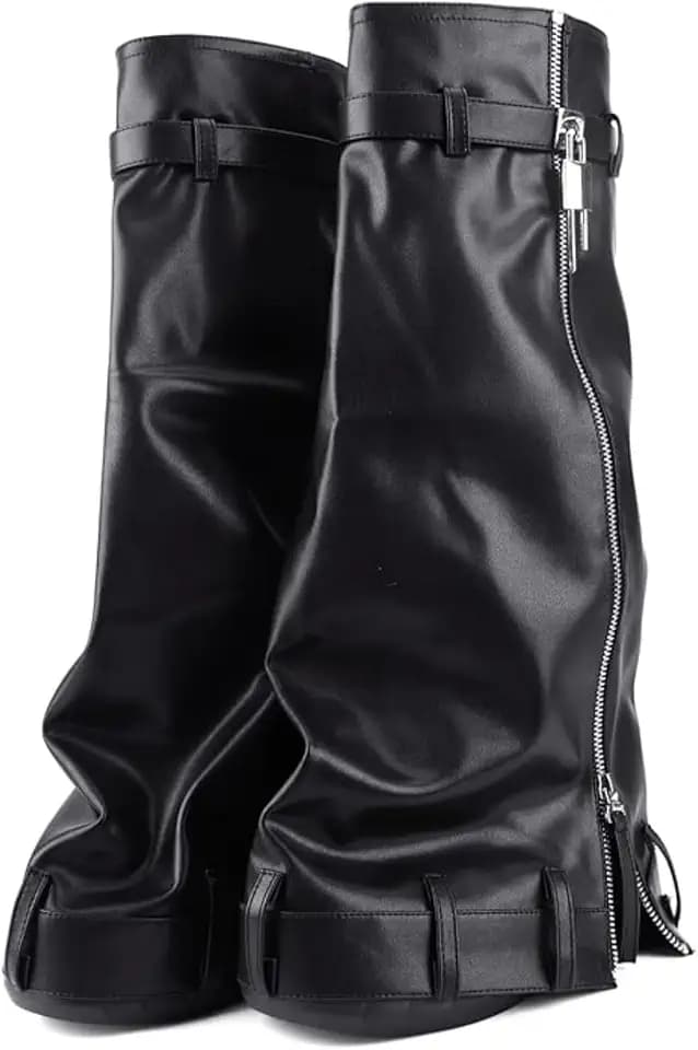 Women's Knee High Fold Over Shark Boots, Slouch Platform Wedge