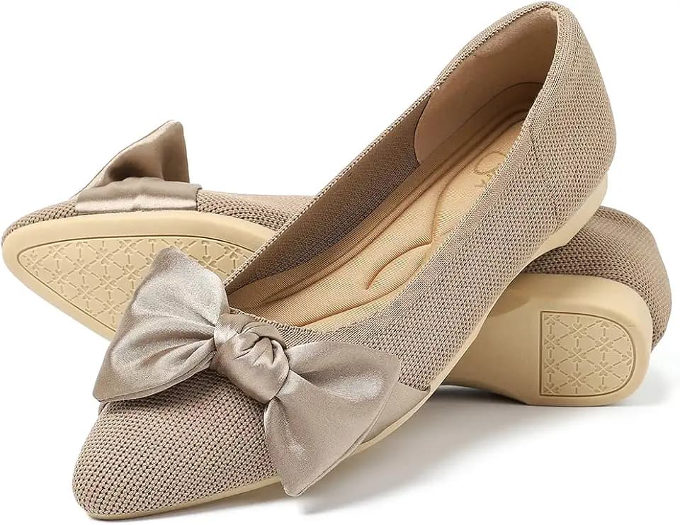 Women's Pointed Toe Knit Mary Jane Ballet Flats for Office Casual Wear Stretchy Dressy Slip-On Shoes with Arch Support