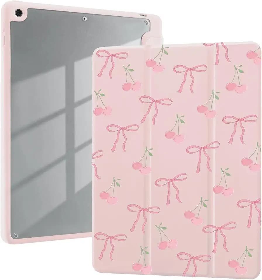 Cute Cherry Bowknot Case for iPad (A16) 11th Generation 2025 11 Inch/iPad 10th Generation 2022 10.9 Inch with Pencil Holder Trifold Stand Pink Leather Girly Cover Clear Back Shell Auto Wake/Sleep