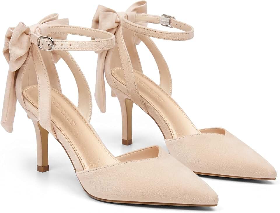 Coutgo Women's Kitten Heels Closed Pointed Toe Pumps Bow Ankle Strap Wedding Party Dress Shoes