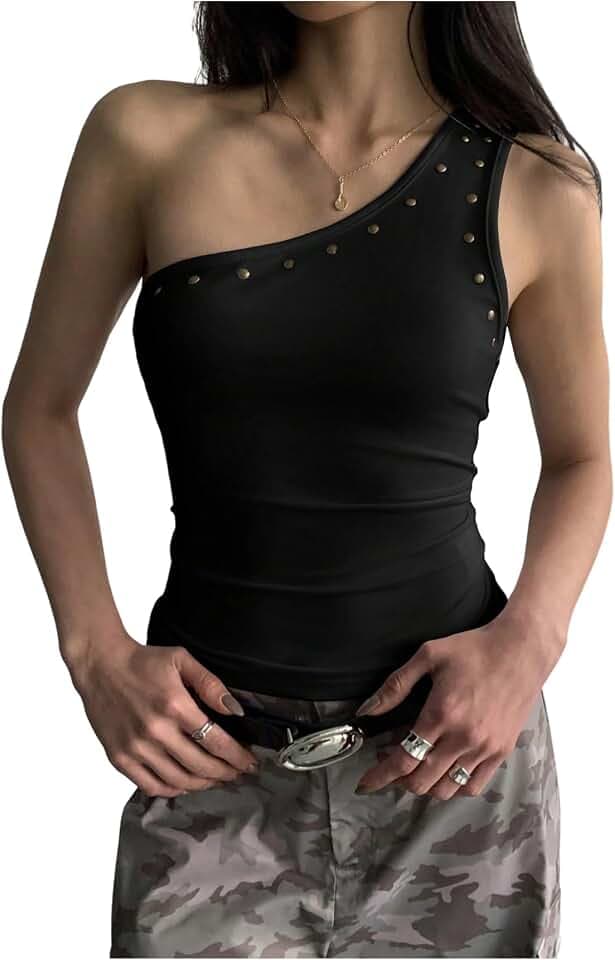 SweatyRocks Women's Punk Y2k Sleeveless One Shoulder Slim Fit Tops Studded Summer Tank Top