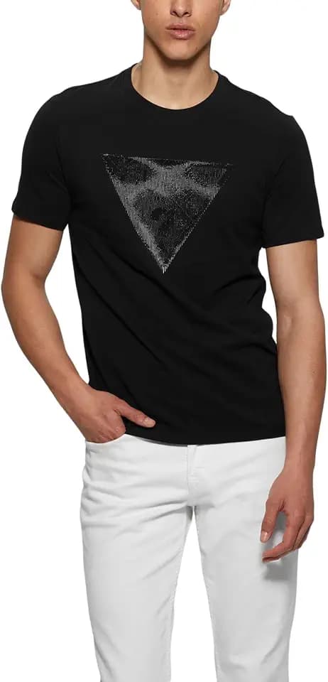 Guess Mens Short Sleeve Crew Neck Shiny Gel Triangle Teeshirt
