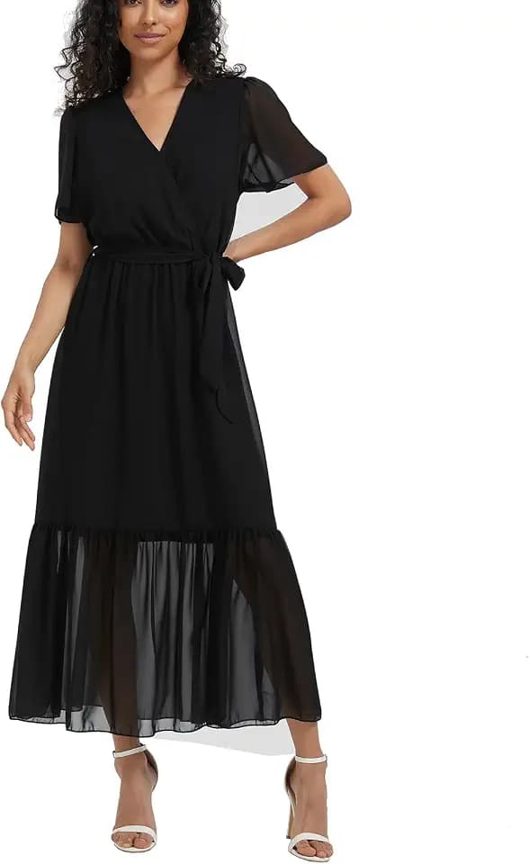 Women's Summer Bohemian Floral Chiffon Dress Cap Sleeve V Neck Ruffle Long Flowy Boho Casual Vacation Dresses