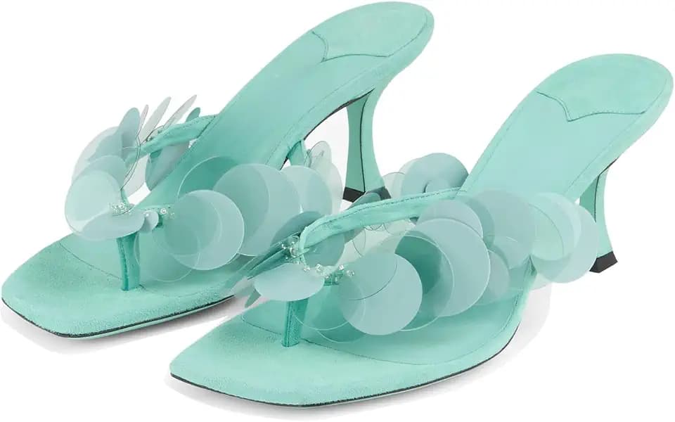 Goolita Women's Suede Sequin Kitten Heels Flip Flops Open Square Toe Strappy Thong Slide Heeled Sandals Comfort Prom Party Mules Heels