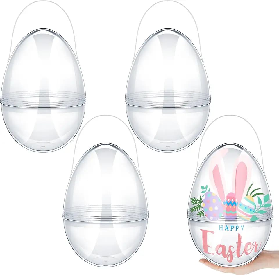 Funtery 4 Pcs Jumbo Easter Eggs 10 Inch Plastic Giant Easter Eggs with Handles, Clear Large Baskets Fillable Big Bunny Egg Shaped Baskets Containers Decoration (Transparent)