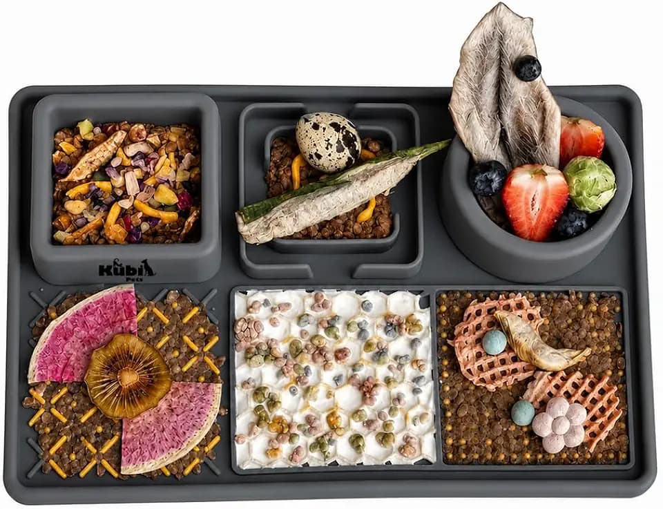 Snack Board Slow Feeder for Dogs – Large Enrichment Feeding Board with Mini Bowls & Flat Sections, Perfect for Treats & Meals | Kubi Pets (Gray)