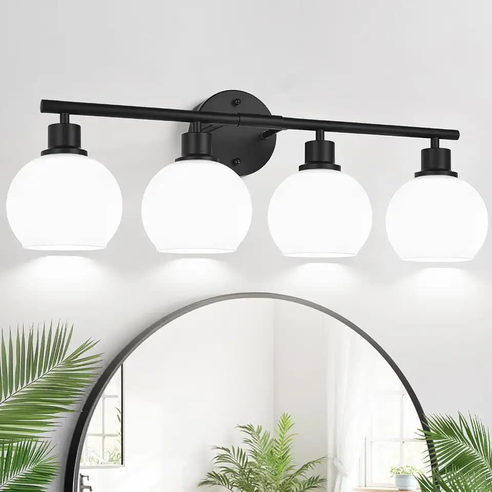 Indoi 4-Light Bathroom Light Fixtures, Black Bathroom Lights Over Mirror with Milky White Frosted Glass Globe Shade, Vanity Lights for Bathroom Kitchen Living Room Hallway Cabinet Bedroom Porch